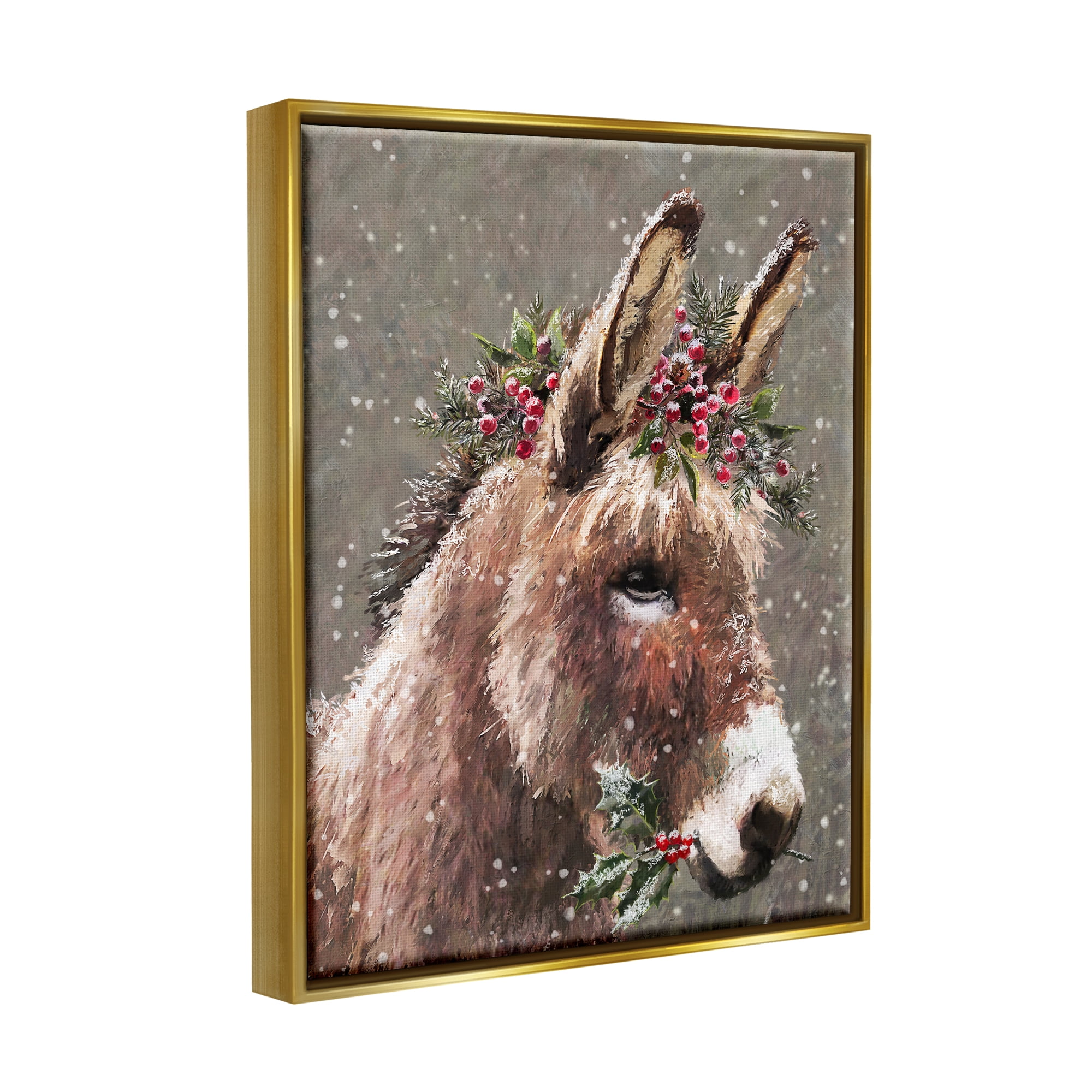 Stupell Industries Winter Donkey Snow Falling Holiday Painting Gold Floater Framed Art Print Wall Art