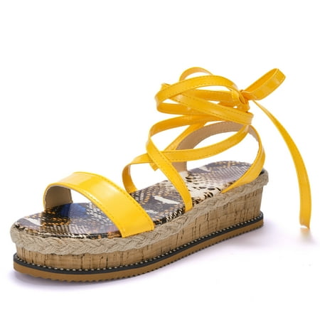 

Lacyhop Wedge Sandals for Women Espadrille Sandals Ankle Strap Open Toe Summer Shoes Yellow Size 5