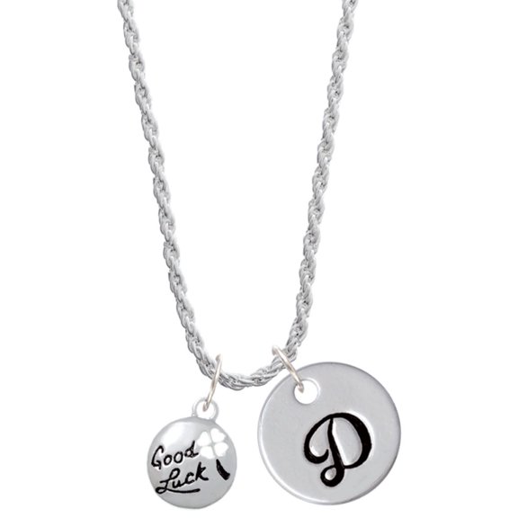 Delight Jewelry Silvertone Good Luck Disc with Cutout Four Leaf Clover Silvertone Script Initial Disc - D - Charm Necklace, 20"+3"