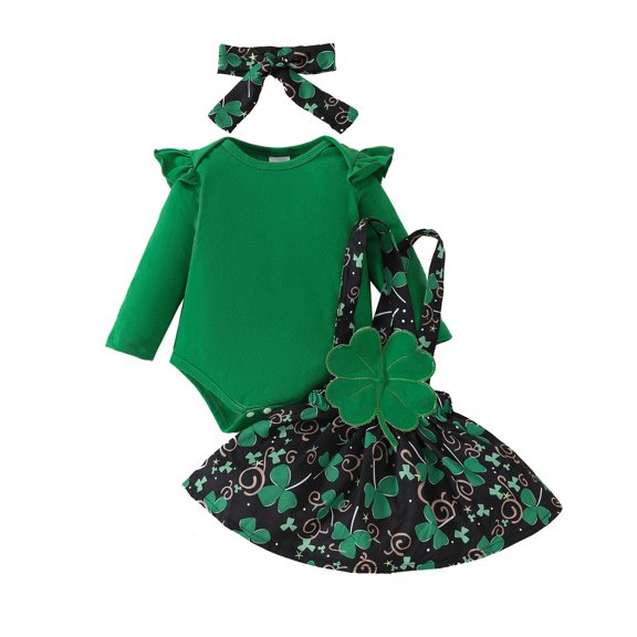 eczipvz 2 Piece Baby Girl Clothes St. Patrick 's Day Romper Top With Skirt Flared Pants Headband Outfits Set Size 12-18 Months