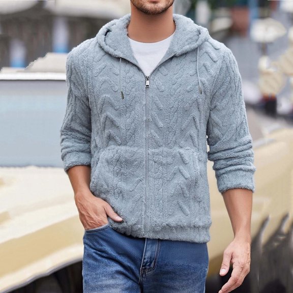 ersvoioy Mens Zip Up Hoodie Plush Full Zipper Long Sleeve Sweatshirt Jacket with Pockets Fleece Fuzzy Regular Fit Warm Fall Winter Top Light Blue S
