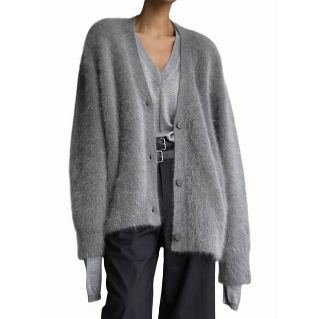 Cárdigan de Mujer, Suéter de Larga, Cárdigan con Botones y Cuello en V, Prenda de Punto de Moda. Gris Oscuro S