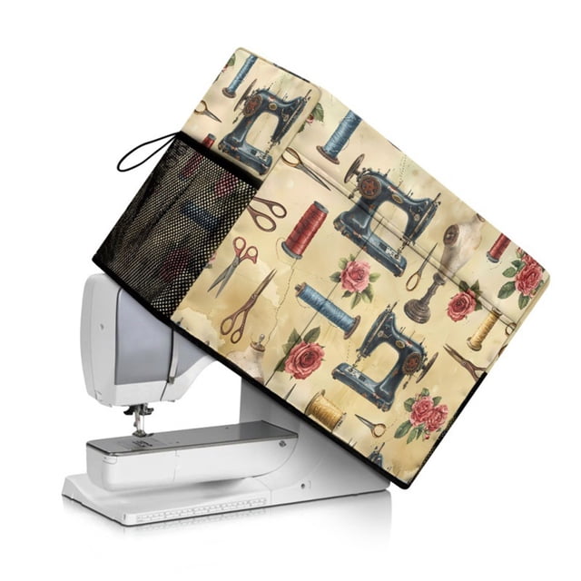 Flower Sewing Machine Cover with Storage Pockets, Durable Dust Protective Cover for Brother Singer Janome Machine, Floral Print Waterproof Fabric for Craft Room Organizat