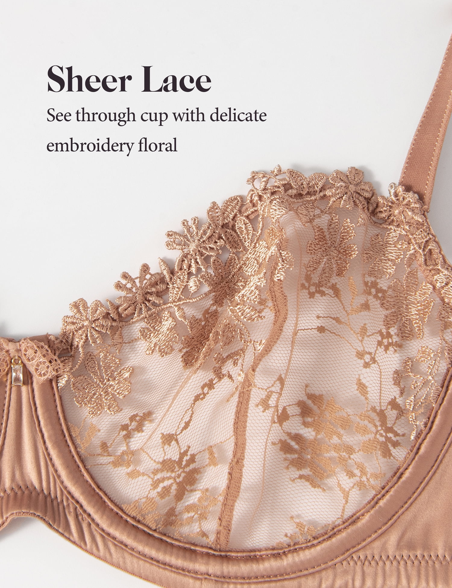 Wingslove Women's Sexy Lace Sheer Bra Demi Mesh Balconette See Through Unlined Underwire with Silicone Nipple,Milk Coffee 38DD