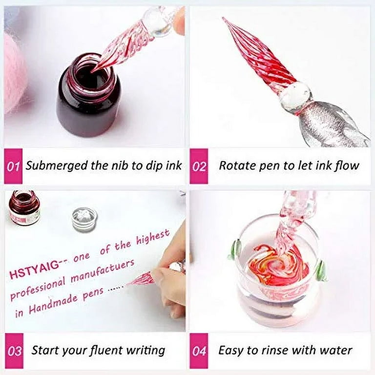 YOLAKIS Glass Dip Pen, Crystal Vintage Handmade Dip Pen and Ink Set  Signature Writing Drawing Pen Office Student Business Gift Pen (Pink+Ink)