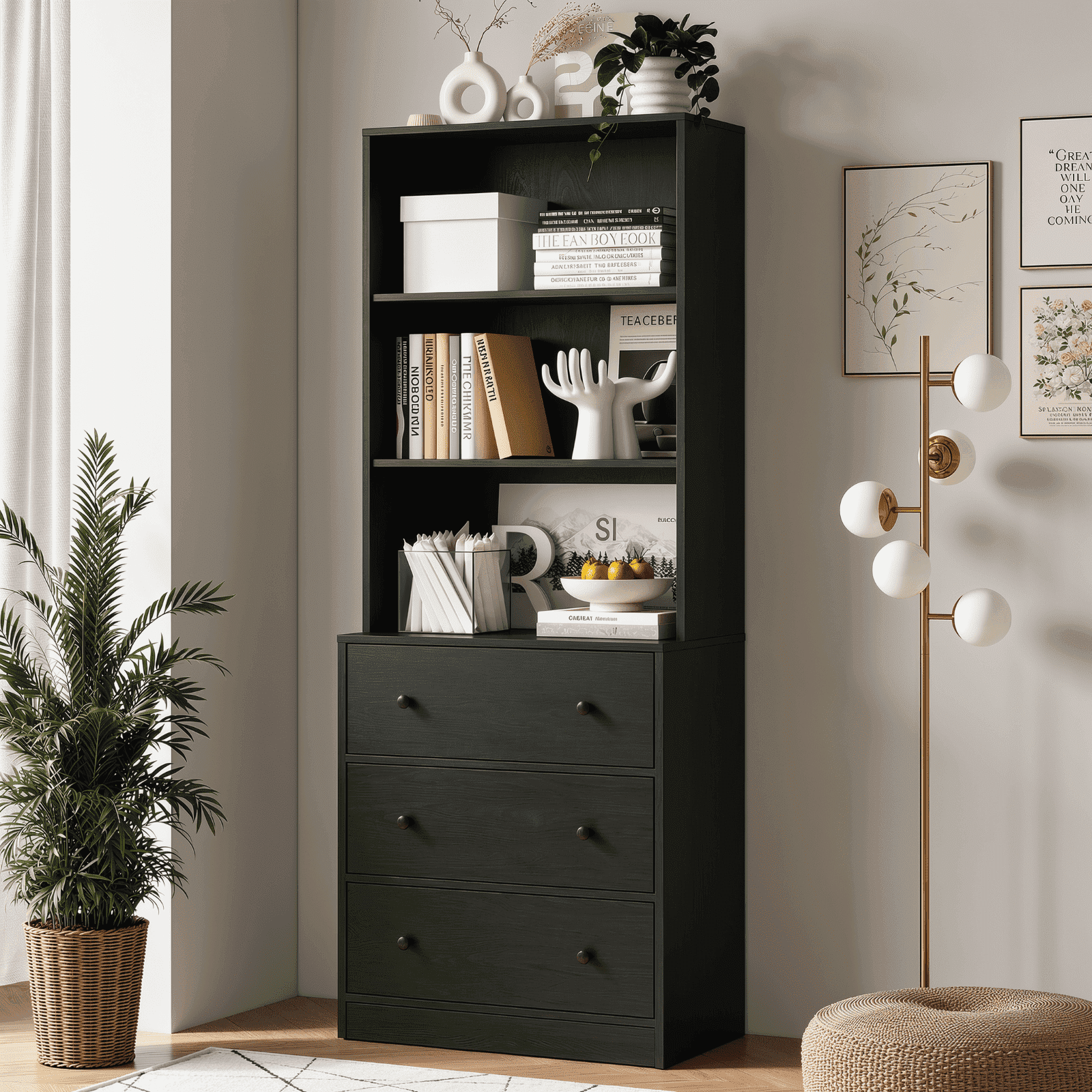 RichYa 71'' Tall Bookcase with 3 Drawers,3 Cubes 6-Tier