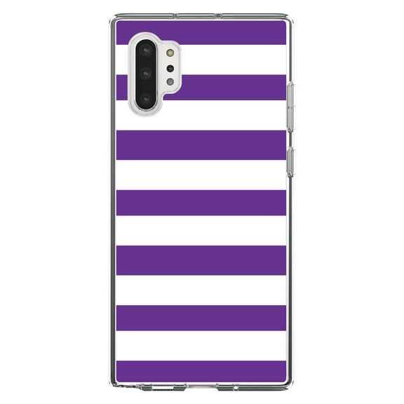 DistinctInk Clear Shockproof Hybrid Case for Galaxy Note 10 PLUS (6.8" Screen) - TPU Bumper, Acrylic Back, Tempered Glass Screen Protector - Purple & White Bold Horizontal Stripes