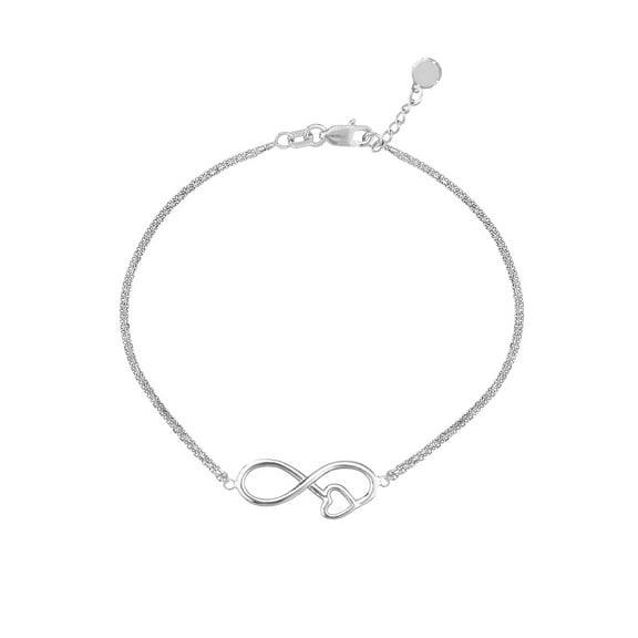 925 Sterling Silver Adjustable Side-ways Infinity With Love Heart Bracelet Sparkle-Cut Chain 7.50 Inch Link Bracelet for
