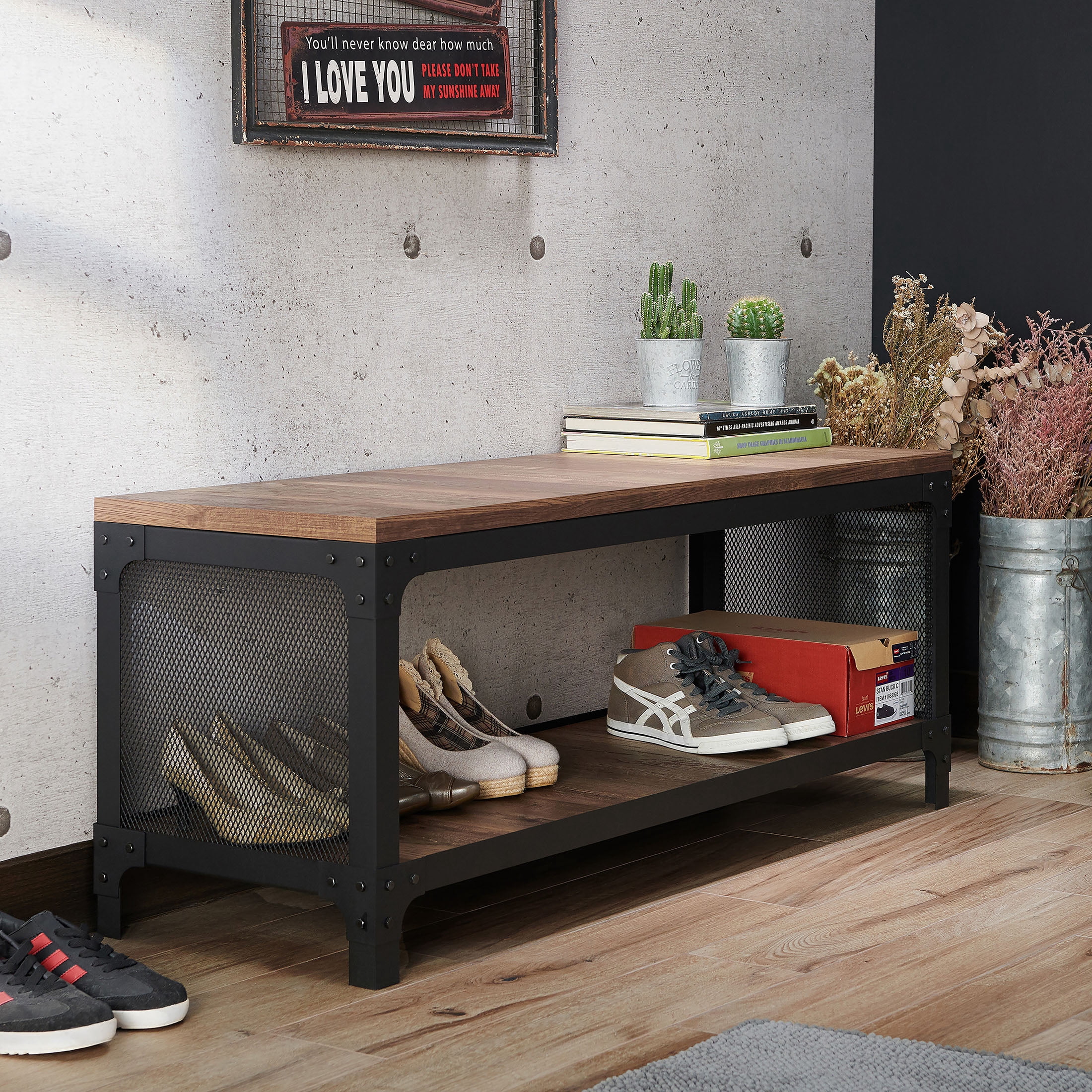 Furniture of America Bonfa 1-Shelf Bench, Reclaimed Oak