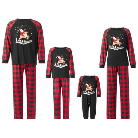 

Matching Family Christmas Pajamas Plaid Holiday Sleepwear Santa Elk Print Long Sleeve Pants Set