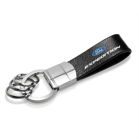 iPick Image for Ford Expedition Black Real Leather Strap Chrome Round Hook Metal Key Chain, Official Licensed