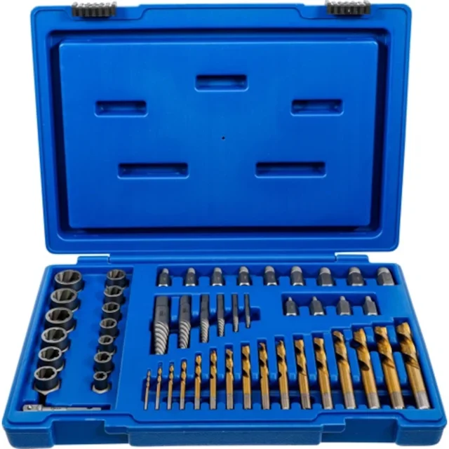 kit extractor de tornillos tuercas brocas 49 pz bgs 70329 estuche azul abierto, vista frontal con 49 piezas: 13 extractores izquierdos para tornillos/tuercas (entrada cuadrada), 13 extractores izquierdos para pernos (entrada hexagonal), 6 extractores cuadrados #1–#6, 16 brocas HSS izquierda recubiertas TiN y adaptador de taladro 6.3 mm→10 mm; también adecuado para reparaciones rápidas en taller doméstico.