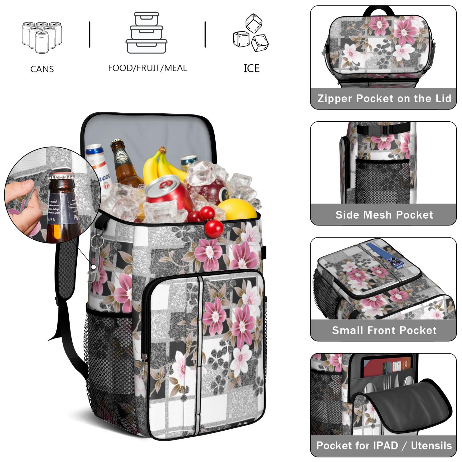 Travel Cooler Bag - Pioneer Flower Camping Beer Cooler Backpack with Bottle Opener- Waterproof Insulated Picnic Backpacks - Cooler Bag for Beach