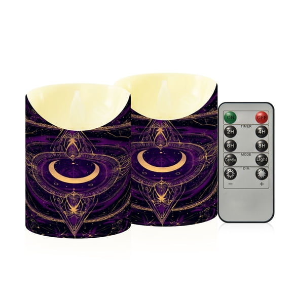 2 PCS Tilted Flameless Candles Flickering LED Lights Battery Operated Candles with Remote Timers for Holiday Decor Purple Mystical Pattern