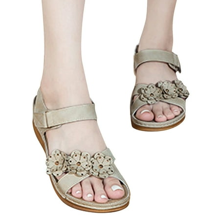 Oyedens Comfort Sandals Flower Leather Ankle Strap Wedge Sandals Comfortable Mid Heels Work Walking Sandals Beach Shoes