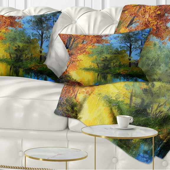 Designart Autumn Reflecting in River - Landscape Printed Throw Pillow - 12x20