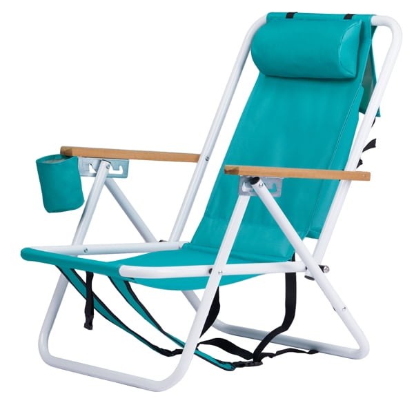 Alvantor 2 Pack Folding Beach Chair with 4 Position Recline Headrest Cup Holder Wooden Armrests Green