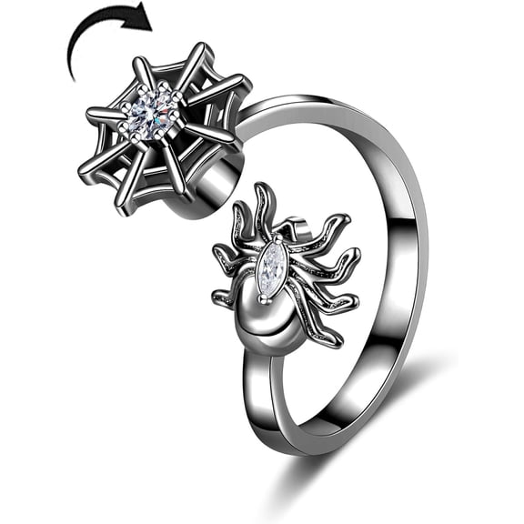 Spider Punk Spinner Fidget Ring for Women Men Stress Relieving Spider Web Personalized CZ Crystal Open Adjustable Stress Relieving Ring Jewelry Gift