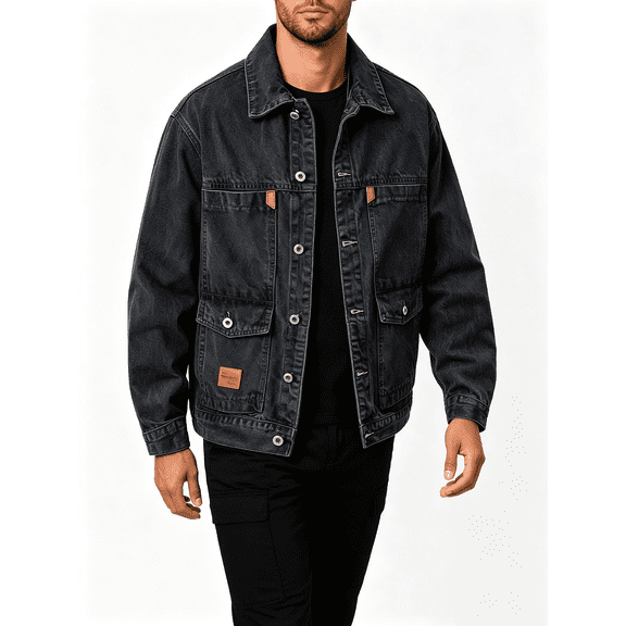 Atkumj Mens Denim Jacket Fashion Lapel Multi Pockets Button Jean Jacket Men Casual Solid Color Loose Long Sleeve Outerwear for Daily Wear XXS