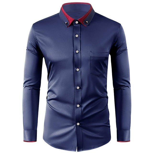RXIRUCGD Chemise Décontractée pour Homme à Manches Longues avec Boutons, Poche et Col Rabattable, Bleu Marine, Taille : 2TG