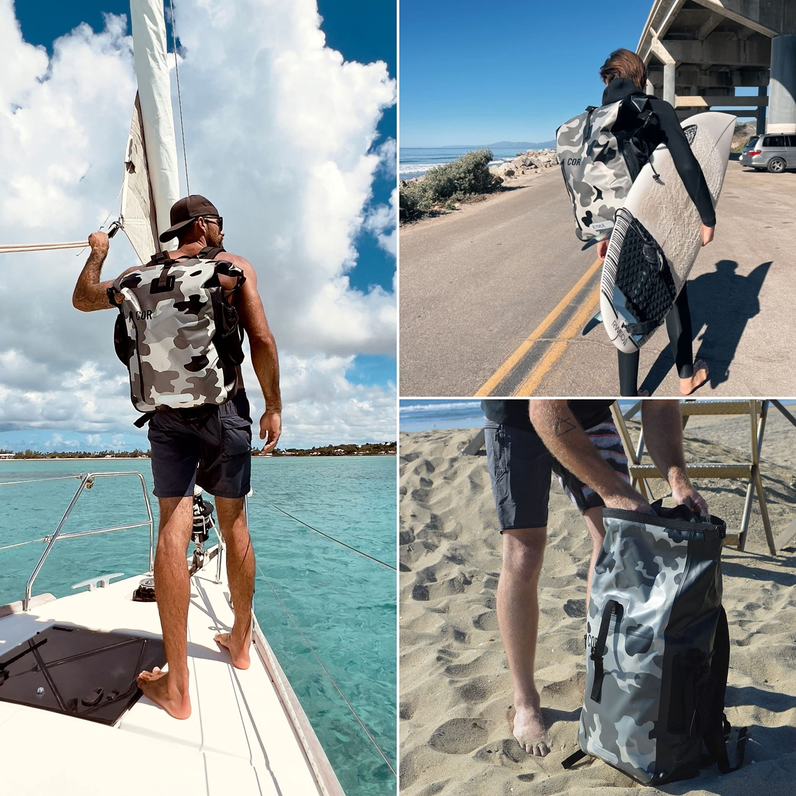 Waterproof Backpack with Laptop Sleeve | Heavy Duty Hiking, Kayak Dry Bag Backpack | Roll-Top Closure by COR Surf(40L Camo)