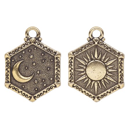 

Charm TierraCast Celestial collection antique gold-plated pewter (tin-based alloy) 24.5x21.5mm 2-sided hexagon with sun and moon design. Sold individually.