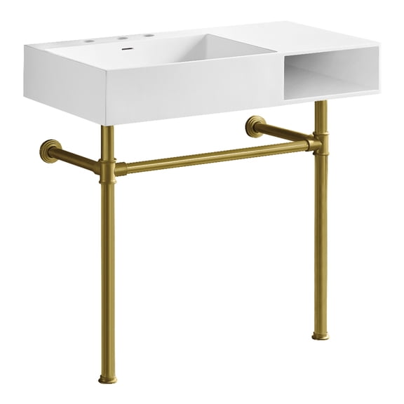 Kingston Brass KVPB3368SQA87 Aurelius 36-Inch Solid Surface Console Sink with Stainless Steel Legs (8-Inch, 3-Hole) in Matte White/Brushed Brass
