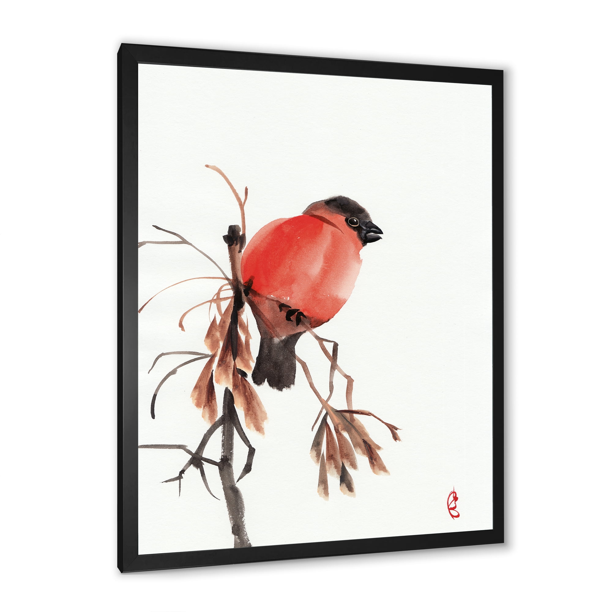 Designart 'Red Bullfinch Bird Sitting On A Branch' Traditional Framed Art Print