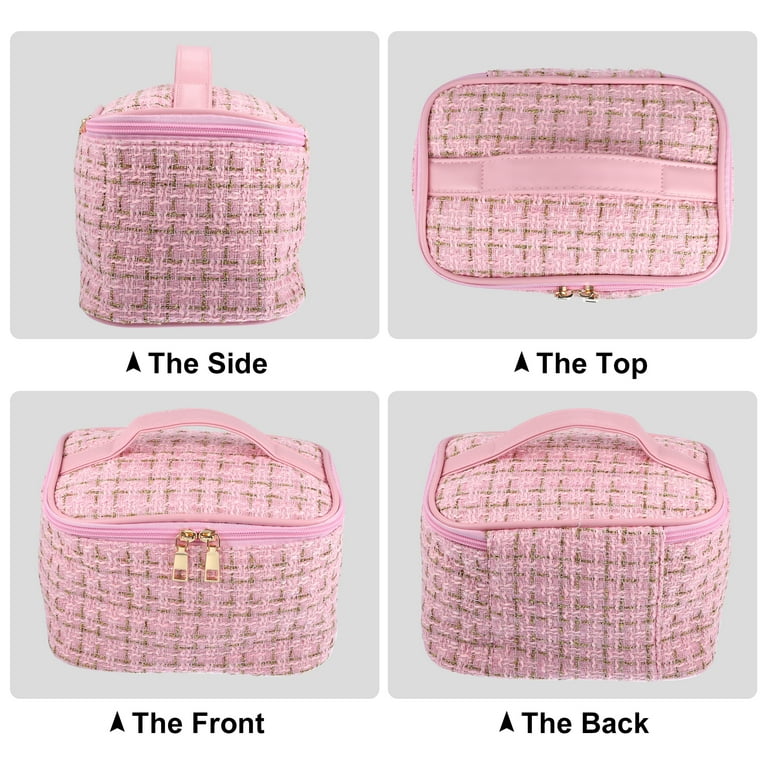 Naierhg Cosmetic Bag Plaid Knitting Contrasting Colors Square Large  Capacity Zipper Toiletry Bag for Travel,Pink 