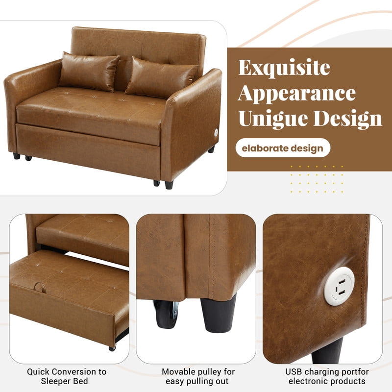PU Leather Convertible Sleeper Sofa Bed, Adjustable Oversized Chaise Lounge Loveseat Couch with 3 USB Charging Ports