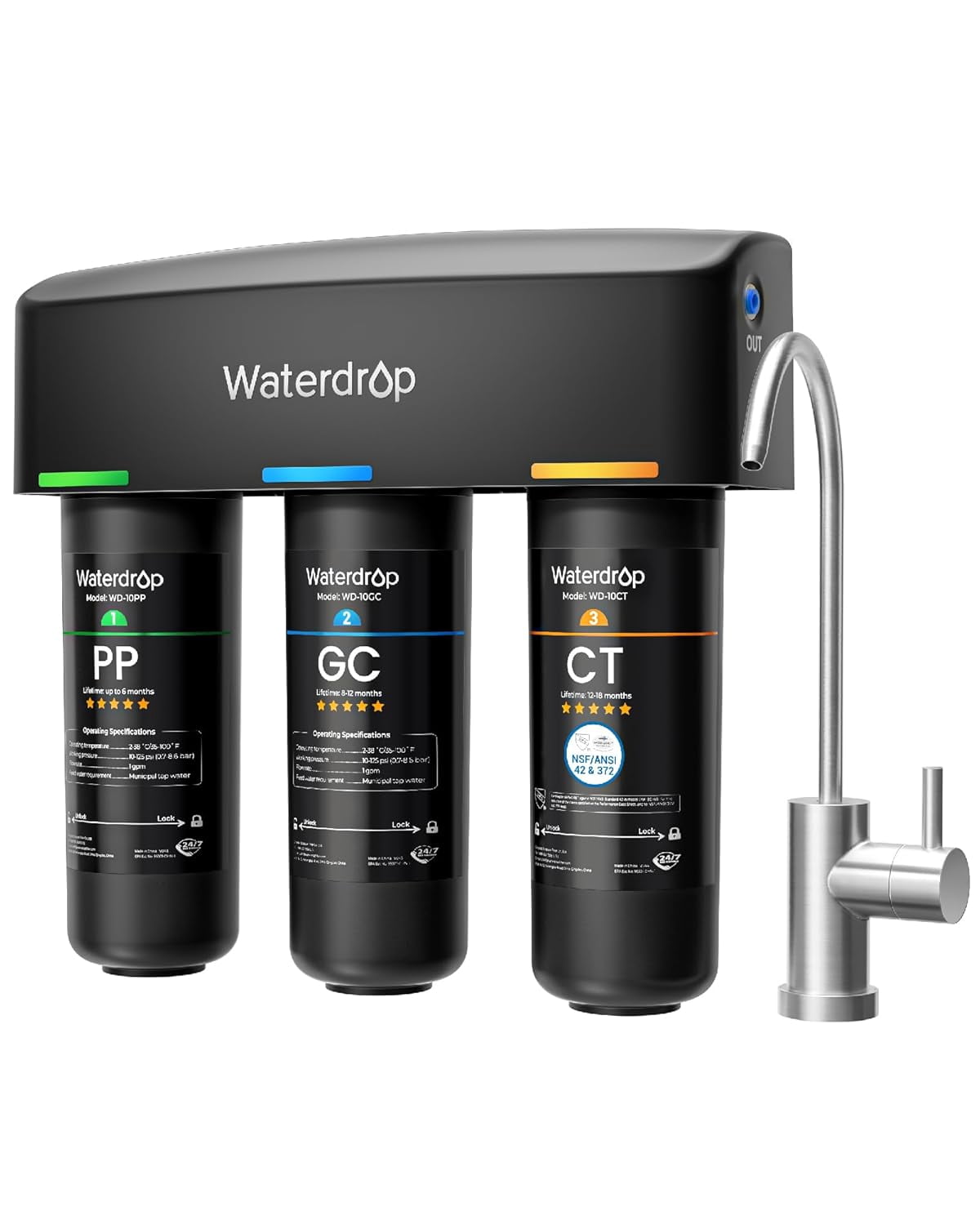 Restored Waterdrop TSB 8 Layer Under Sink Water Filter, Reduces PFAS, PFOA/PFOS, Fluoride, Chlorine, Bad Taste & Odor, with Dedicated Faucet, Under Sink Water Filtration System (Refurbished)