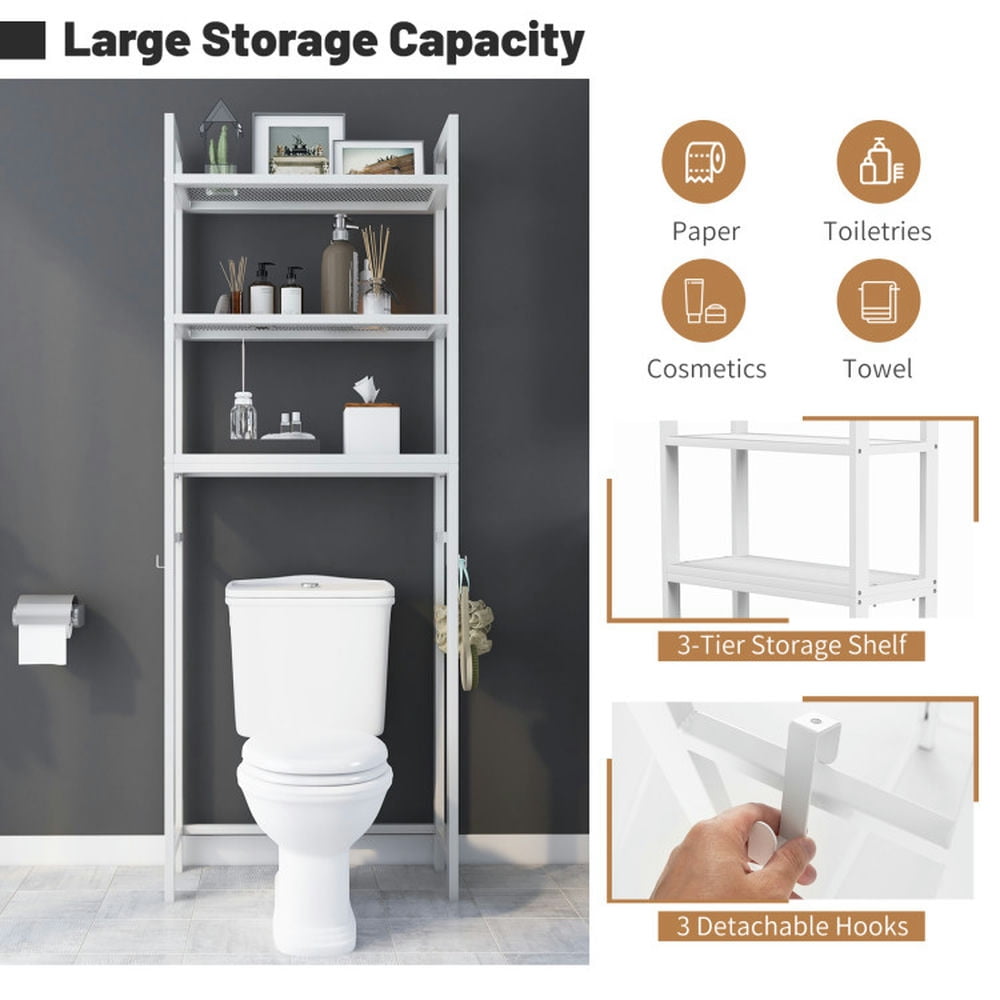 Finihen Toilet Storage Rack, Toilet Storage Shelf, Over-The-Toilet Storage Shelf Space Saving Metal Bathroom Organizer Hooks, for Bathroom, White