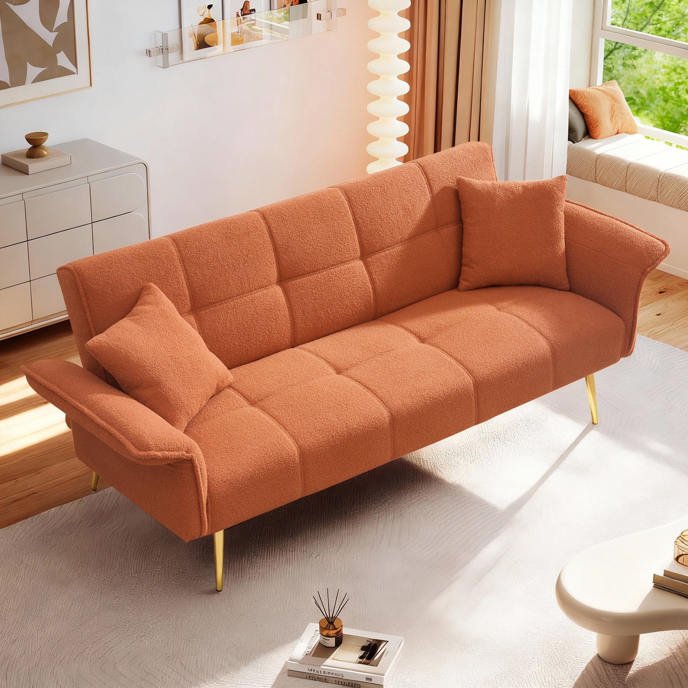 Aukfa 79" Teddy Fleece Convertible Futon Sofa Bed, 3-Position Adjustable Armrests, 2 Pillows, Orange