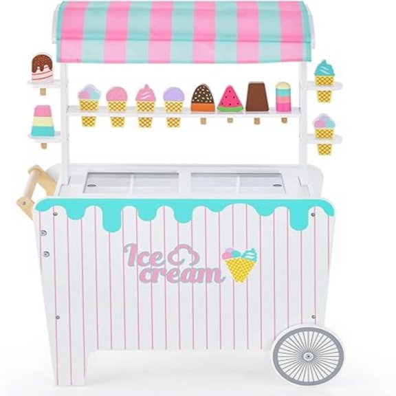 Costway Carrito de Helado de Juguete de Simulación de 12 Accesorios de Helado Juego de Carretilla de Madera para Niños y Niñas 3+ Años