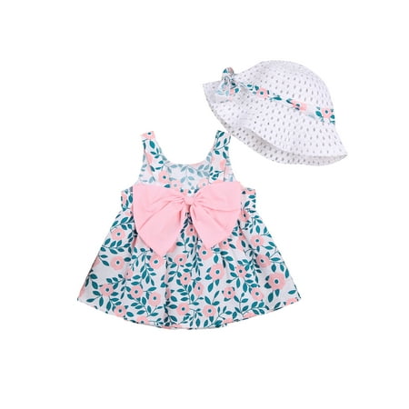 

One Opening Baby Girls Sweet Clothes Set Floral Sleeveless Dress Straw Hat