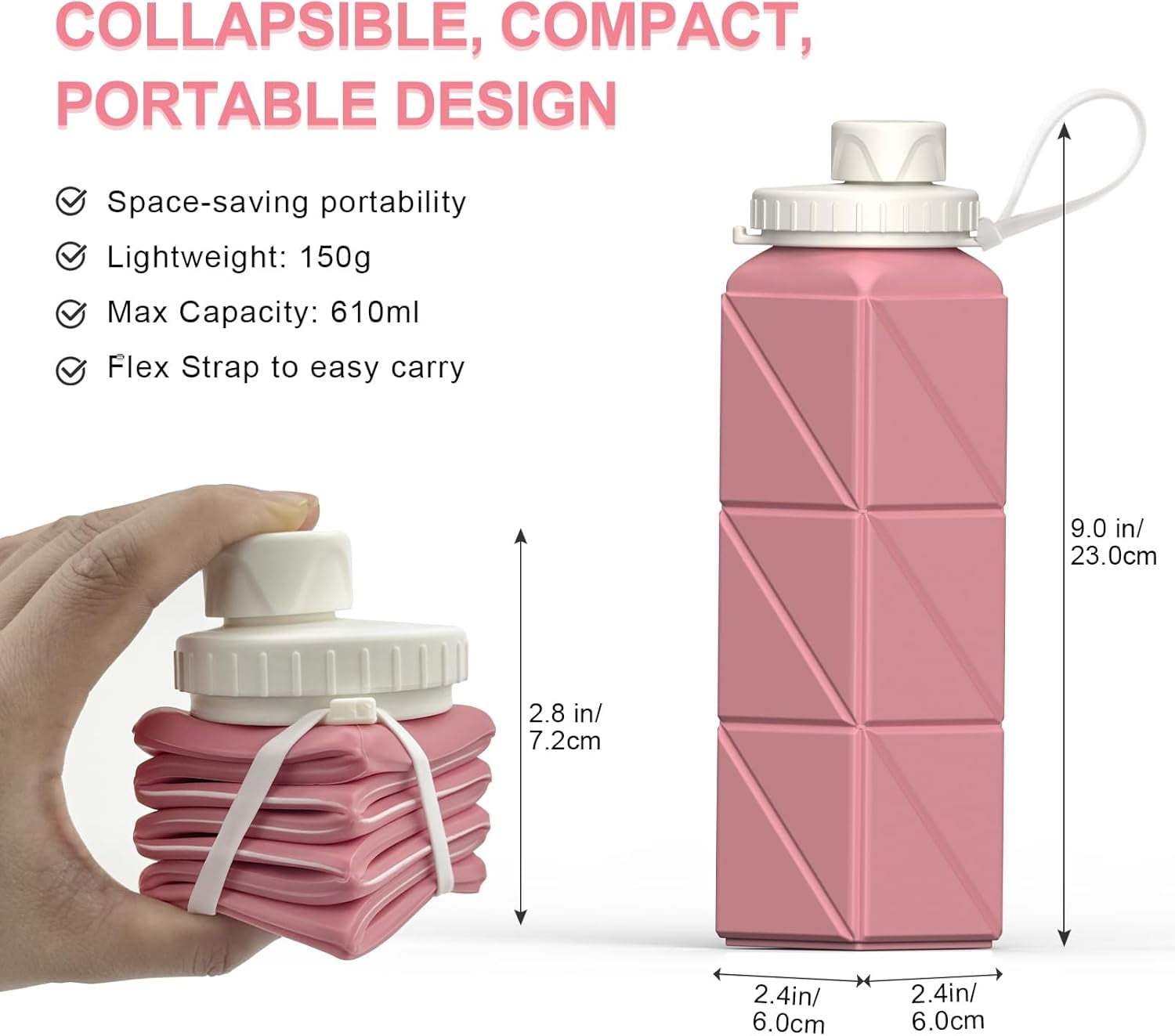 WarmH Collapsible Water Bottles 2 Pack, Silicone Foldable Portable Travel Water Bottle 20.6oz, Folding Lightweight Reusable Leakproof for Traveling Camping Hiking Cycling Yoga Sports Outdoor