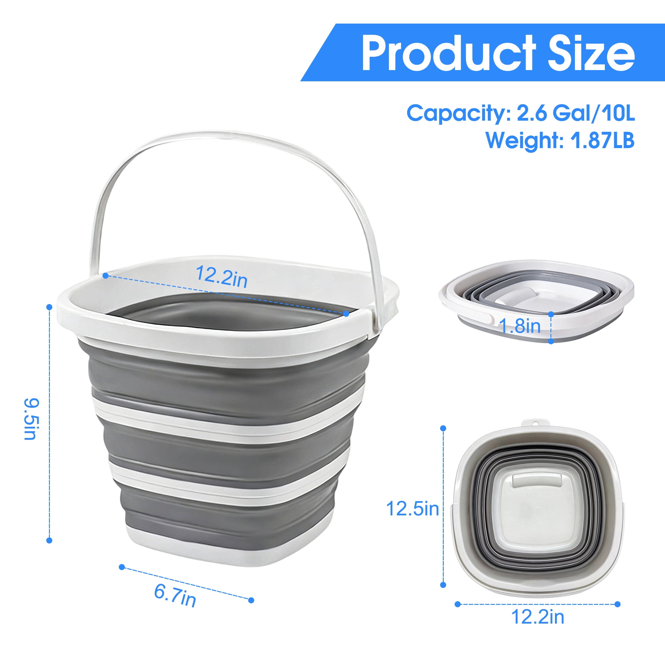 Collapsible Bucket, 10L/2.6 Gallon Portable Square Foldable Water Bucket with Handle, Space Saving Silicone Collapsible Tub for Car Washing, Fishing, Camping, Household Cleaning