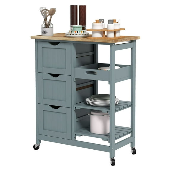 SAZYY Gray Dining Rolling Kitchen Cart with Wood Top, Features Shelves & Drawers, Mobile Kitchen Island