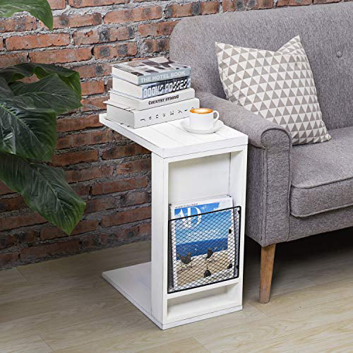 MyGift Vintage White Slatted Boards Style C-Table/Side Sofa Table with Rustic Metal Wire Magazine Holder Slot