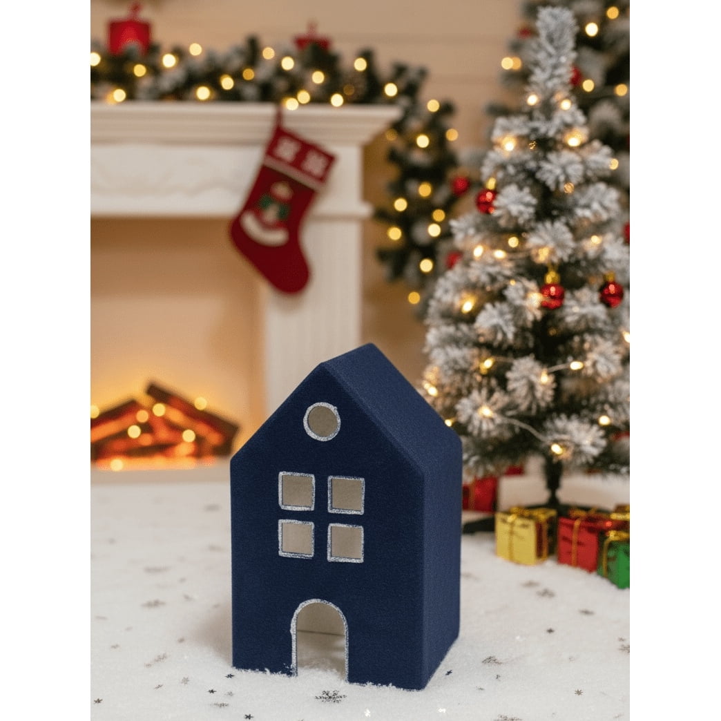 Velvet-Feel House Christmas Decoration, Blue and Silver, 8", by Holiday Time