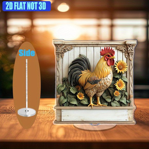 A rotating acrylic display featuring a rooster crowing on a carved ledge surrounded by sunflowers with vibrant colors and a soft warm atmosphere