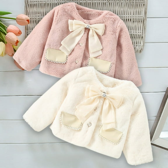 Zwiiyzr 2024 1-6T Baby Girls Princess Faux Fur Coat Bowknot Decor Button-Up Jacket Winter Tops Outwear Pink