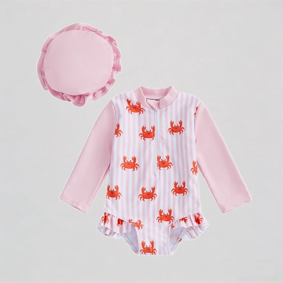 Krdevn Toddler Girls Lobster Print One Piece Swimsuit, Long Sleeve Zip-Up Rash Guard with Matching Swim Cap, Cute Summer Beach Swimwear,2-3 Years