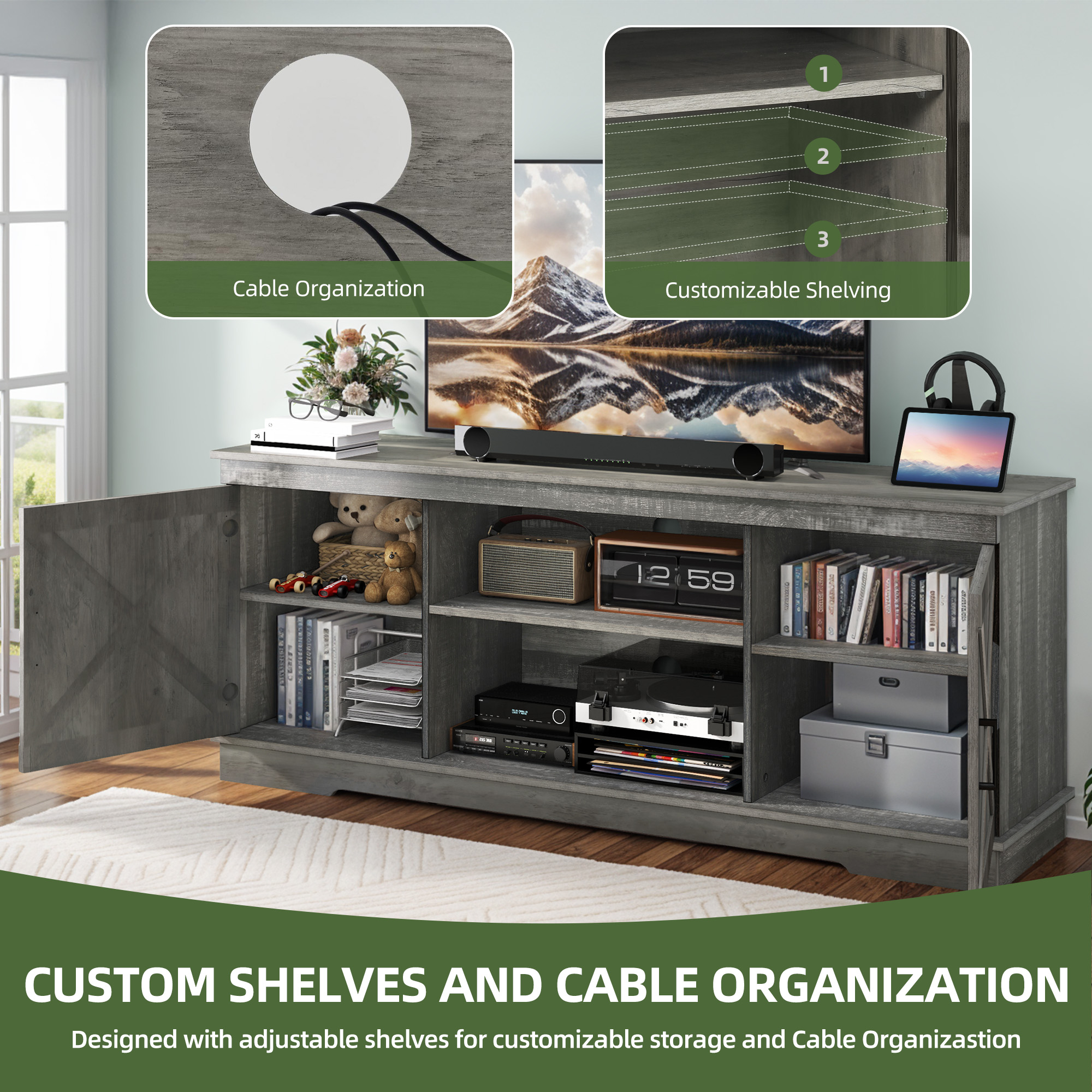 Uforic Farmhouse TV Stand for up 65" TVs, Entertainment Center Console Table for Living Room, Gray
