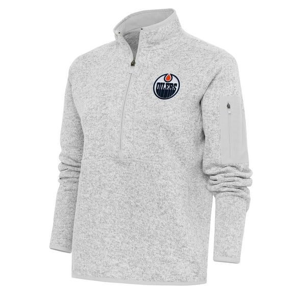 Women's Antigua Heather Gray Edmonton Oilers Team Logo Fortune Quarter-Zip Jacket