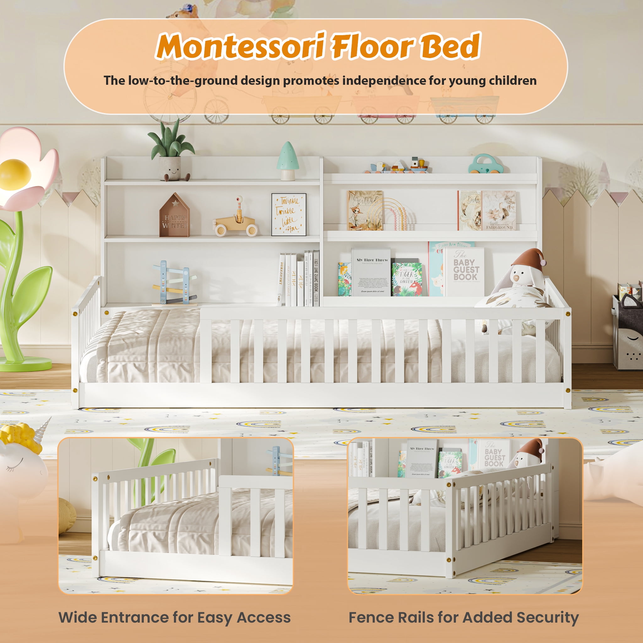 Garitin Full Floor Bed and Montessori Kids Bed 77.2 Inch, Solid Pine Wood Frame with Bookshelf and Safety Rails for Children Bedroom, White