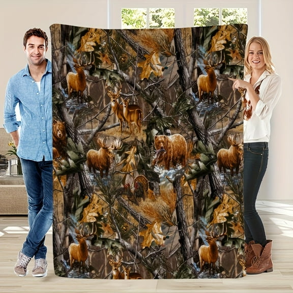 Vintage Forest Elk & Bear Print Flannel Throw Blanket - Soft, Warm, and Durable for Couch, Office, Bed, Camping, and Travel - All-Season Gift Idea