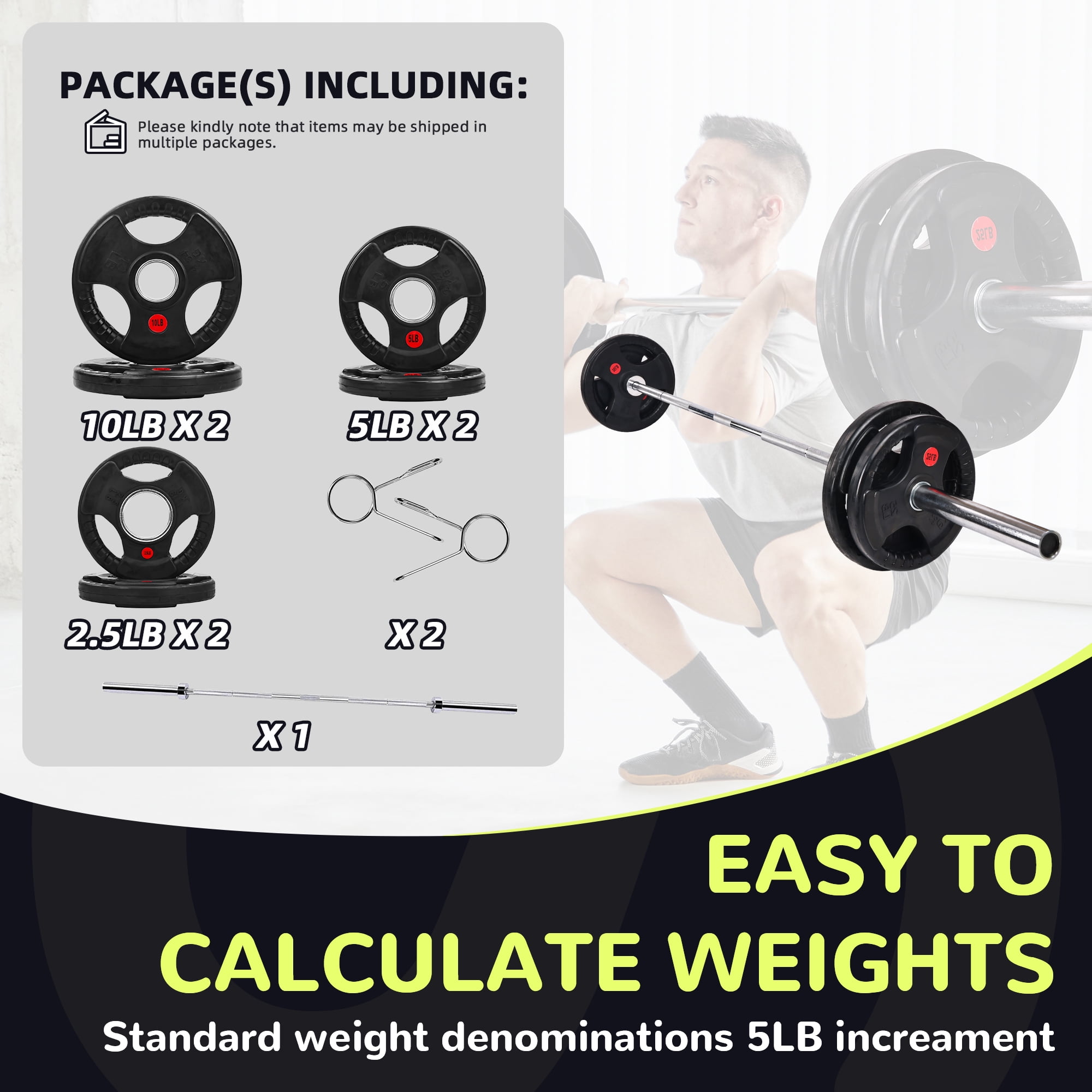 BalanceFrom 65Lb Olympic Barbell Set with Cast Iron Plates, 5ft Bar, Safety Locks, Rubber Coating, for Squats, Bench Press
