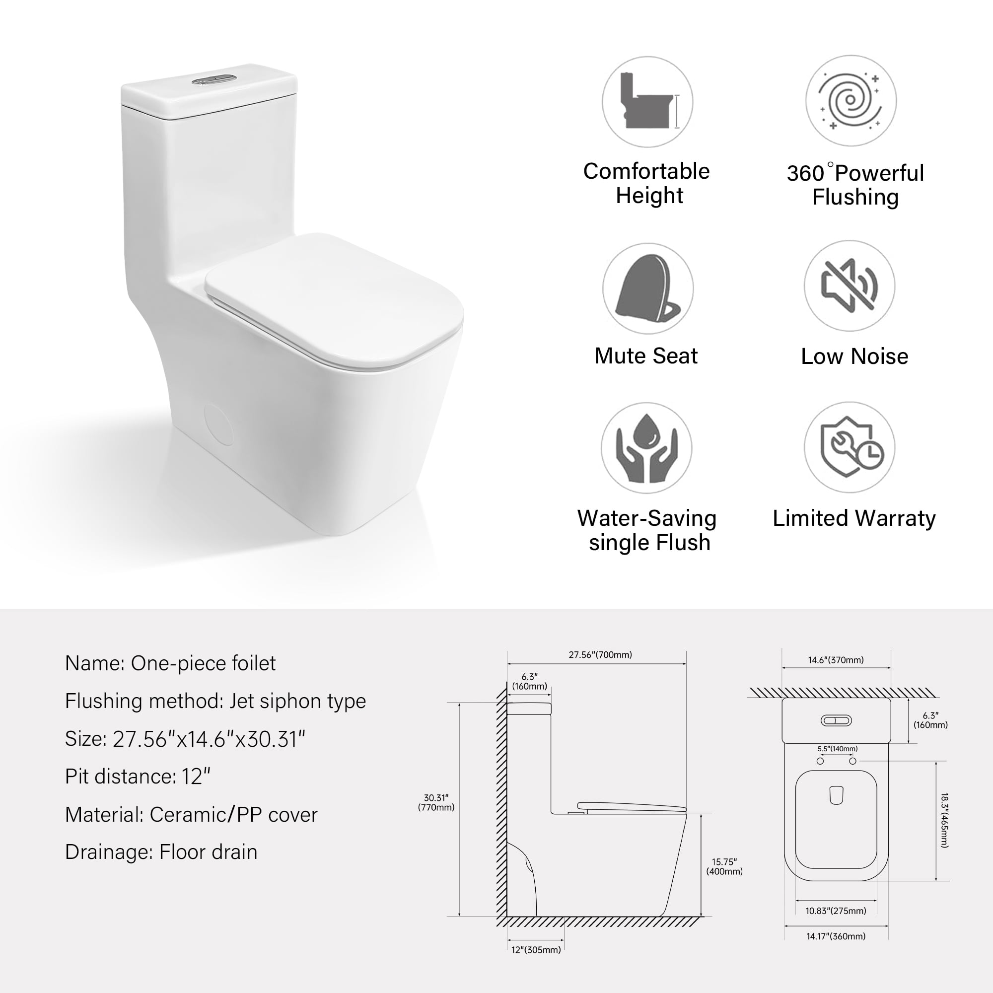 Alvantor Dual-Flush One-Piece Toilet 15.7"Height Square Bowl 1.28/1.6 GPF Toilet White