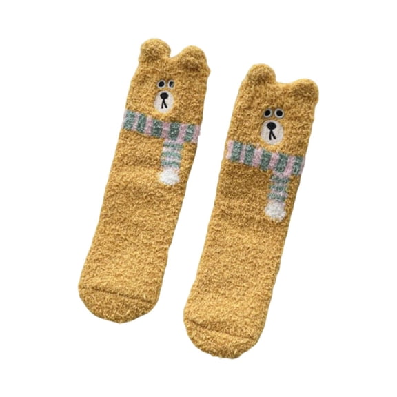VONCOS Yellow Bear Socks for Women, Plush Fuzzy with 3D Ears, Cozy Animal Novelty Lounge Socks Cute Gift
